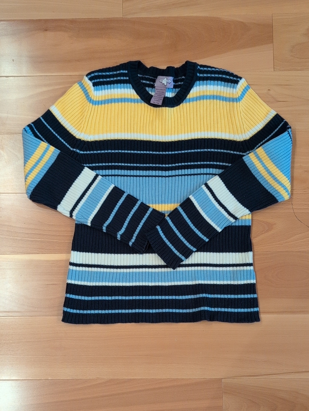 Youth Girls Getaway Striped Ribbed Crewneck Sweater in Yellow, Light Blue & Navy